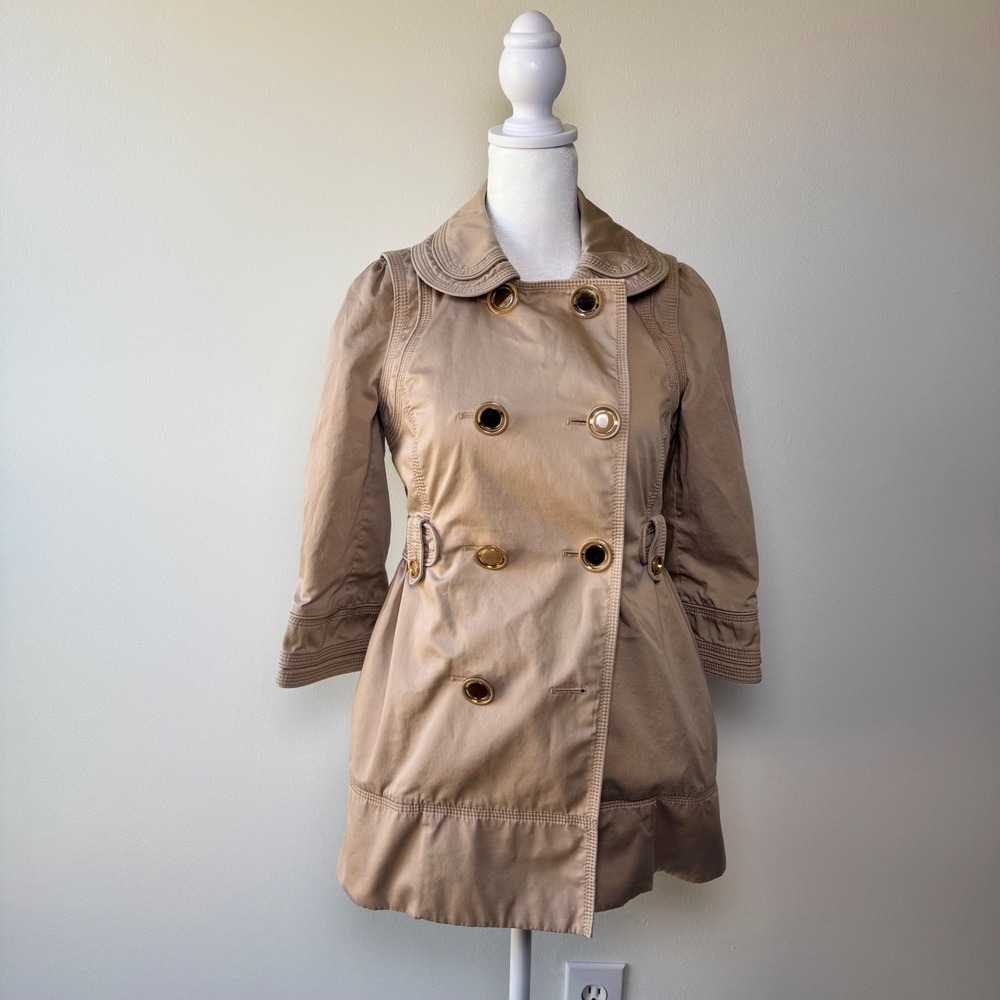 Vintage Y2K Juicy Couture Double Breasted Trench Coat Jacket Tan Size P Mcbling
